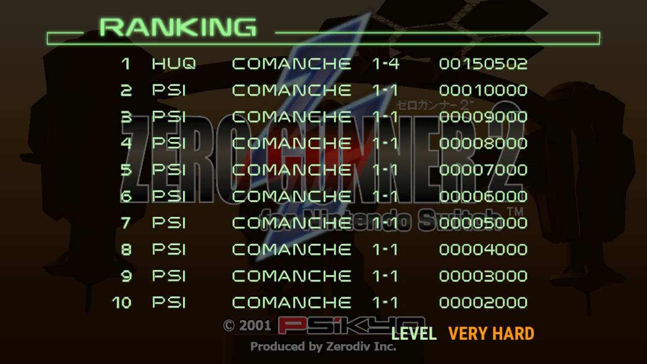 Screenshot: Zero Gunner 2+ local leaderboards on Very Hard difficulty showing HUQ at 1nd place with a score of 150 502